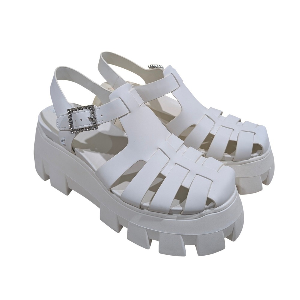 Circus NY Alyson White Platform Fisherman Lug Sole Sandals Rhinestone Buckle 9